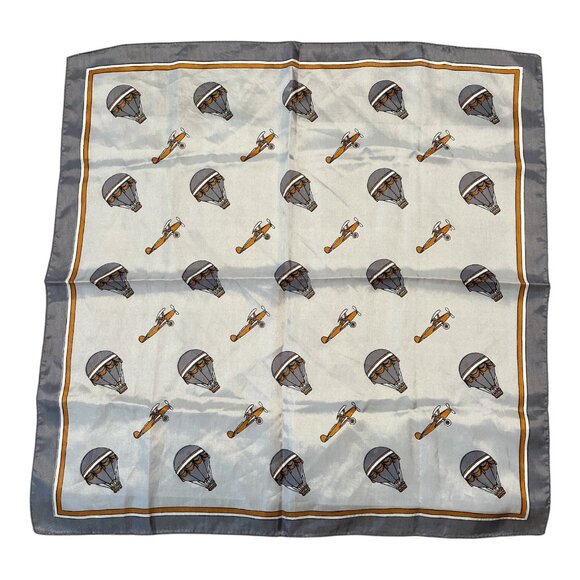 Vintage Italian Acetate Scarf – Hot Air Balloon & Biplane Print – 20x20 – Gray & - Picture 1 of 3